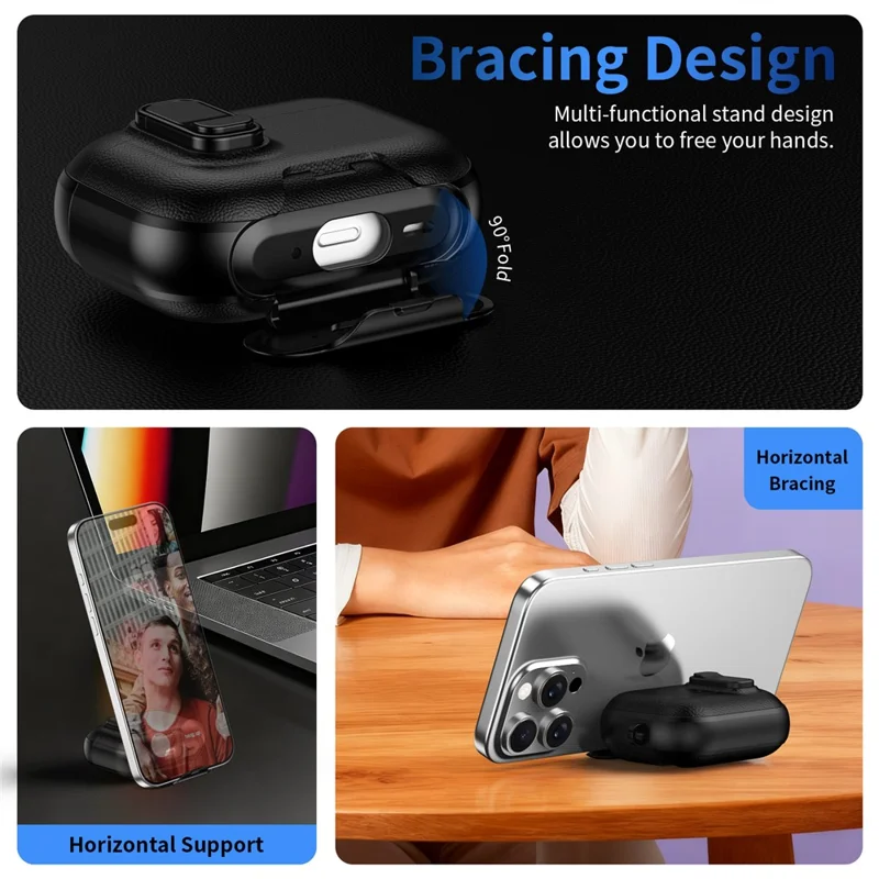 For AirPods Pro 2 Case with Stand Dual Color Texture Leather TPU + PC Earphone Cover with Lock Buckle and Carabiner - Black