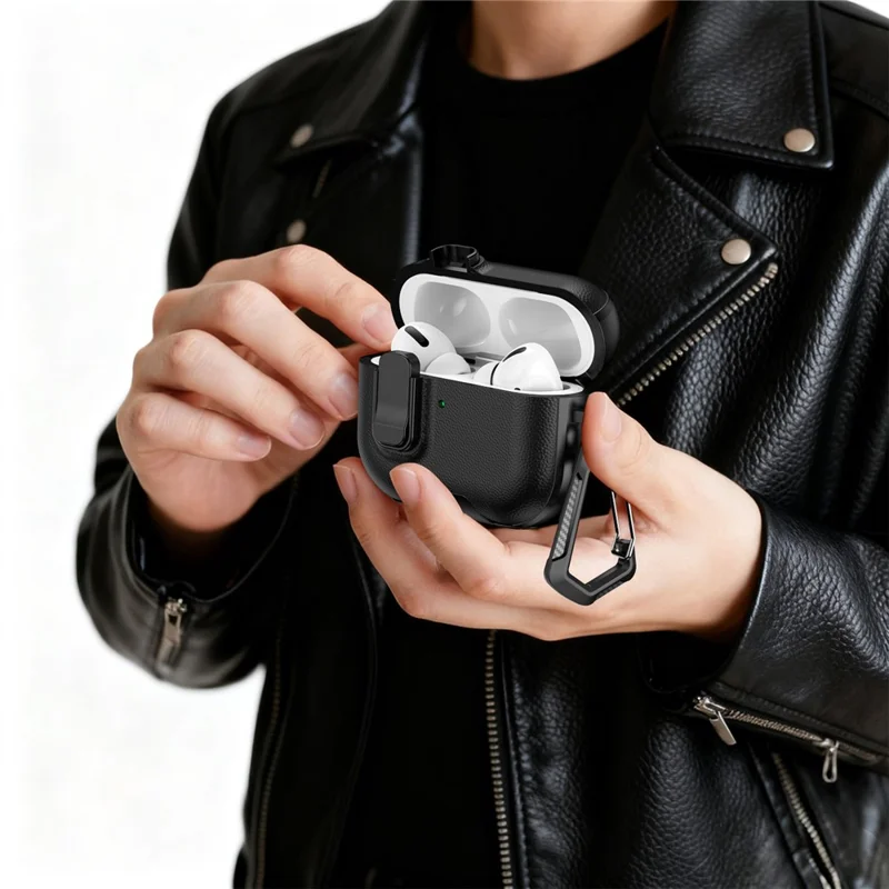 For AirPods Pro 2 Case with Stand Dual Color Texture Leather TPU + PC Earphone Cover with Lock Buckle and Carabiner - Black