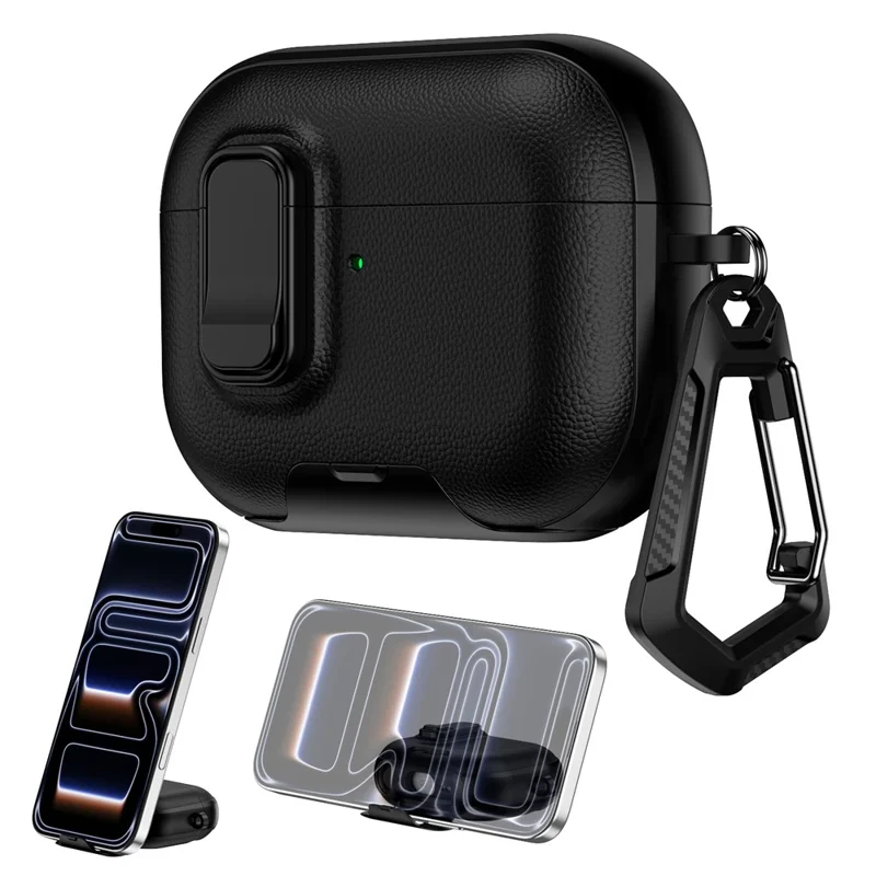 For AirPods Pro 3 Case with Stand Dual Color Texture Leather TPU + PC Earphone Cover with Lock Buckle and Carabiner - Black