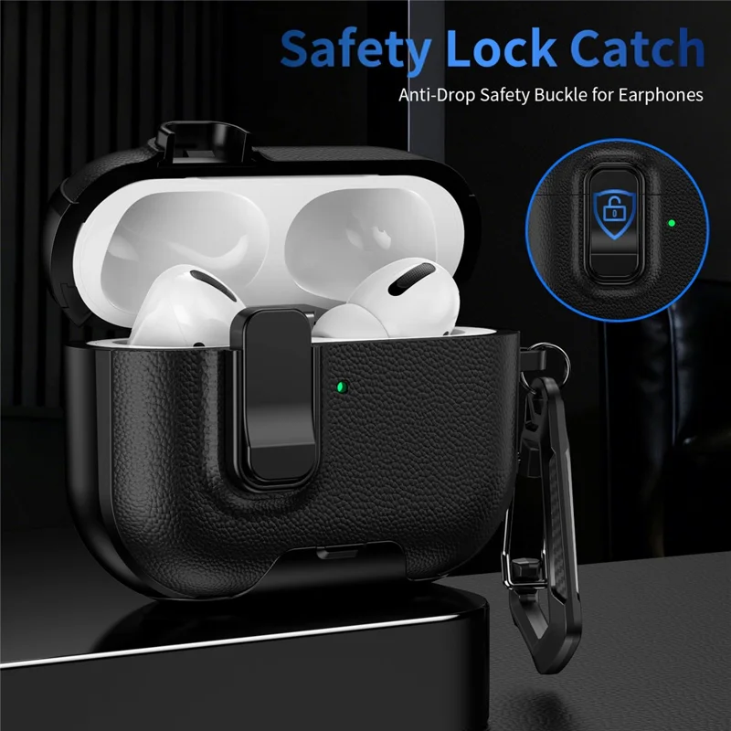 For AirPods Pro 3 Case with Stand Dual Color Texture Leather TPU + PC Earphone Cover with Lock Buckle and Carabiner - Black
