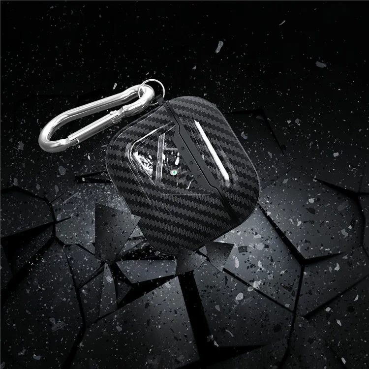Carbon Fiber Soft TPU Stoßfestes Gehäuse Kopfhörer-Abdeckung mit Anti-Lost-Karabiner für AirPods 3 - Schwarz