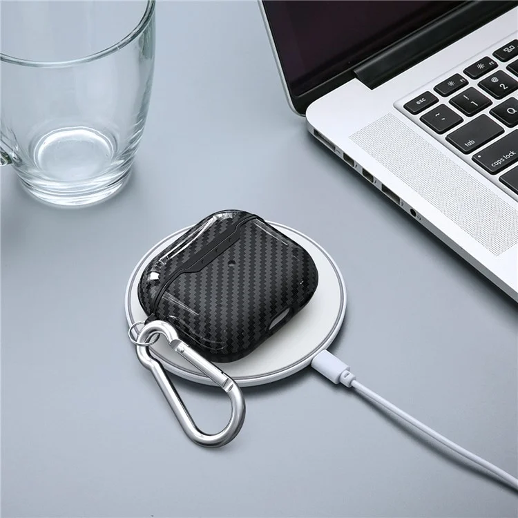 Carbon Fiber Soft TPU Stoßfestes Gehäuse Kopfhörer-Abdeckung mit Anti-Lost-Karabiner für AirPods 3 - Schwarz