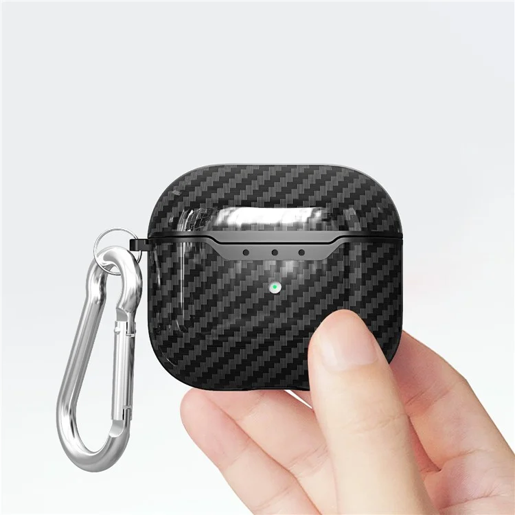 Carbon Fiber Soft TPU Stoßfestes Gehäuse Kopfhörer-Abdeckung mit Anti-Lost-Karabiner für AirPods 3 - Schwarz