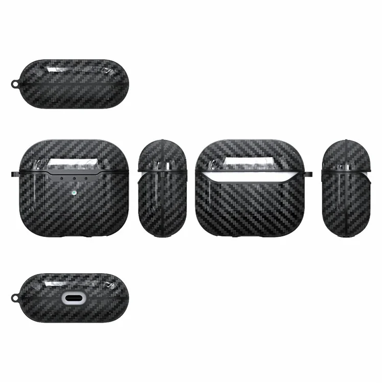 Carbon Fiber Soft TPU Stoßfestes Gehäuse Kopfhörer-Abdeckung mit Anti-Lost-Karabiner für AirPods 3 - Schwarz