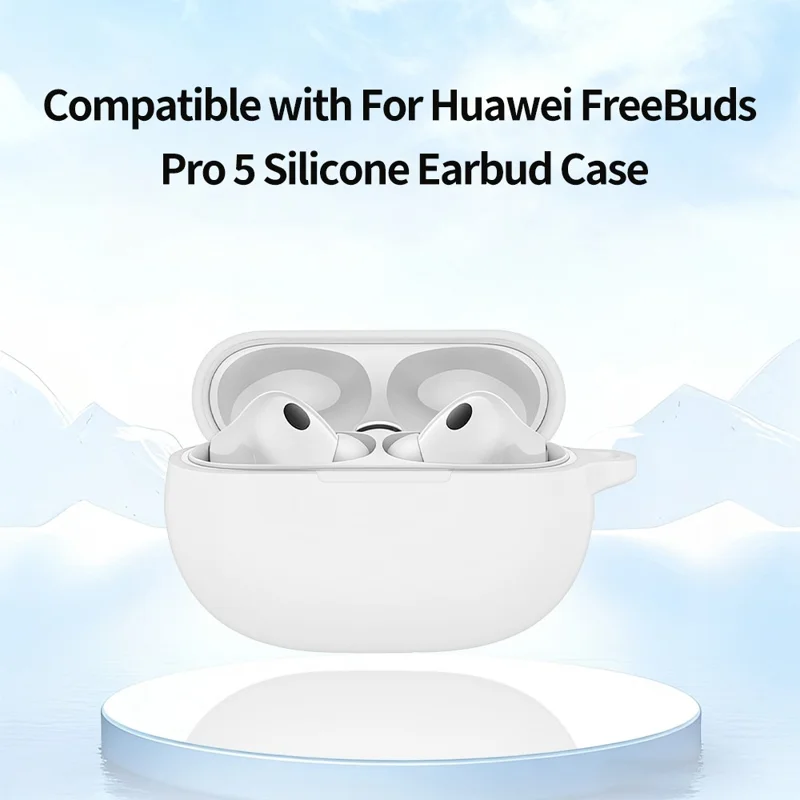 For Huawei FreeBuds Pro 5 Silicone Case Wireless Earphone Anti-Scratch Protective Cover with Carabiner - White
