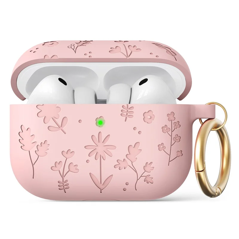 AHASTYLE WG186 For AirPods Pro 3 Embossed Floral Pattern Silicone Case Protective Cover with Hook - Pink