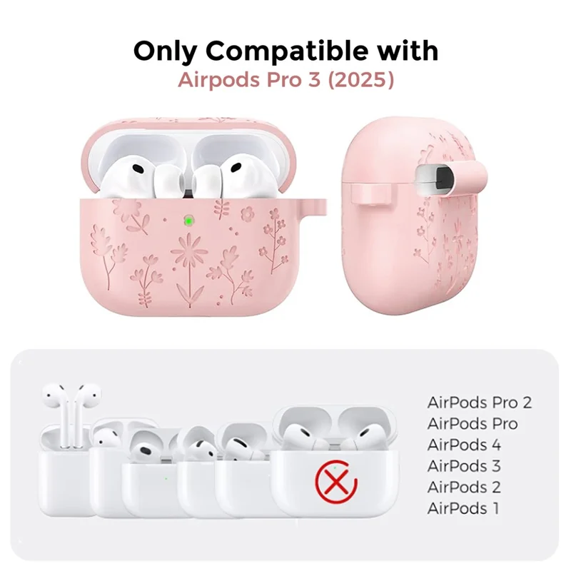 AHASTYLE WG186 For AirPods Pro 3 Embossed Floral Pattern Silicone Case Protective Cover with Hook - Pink
