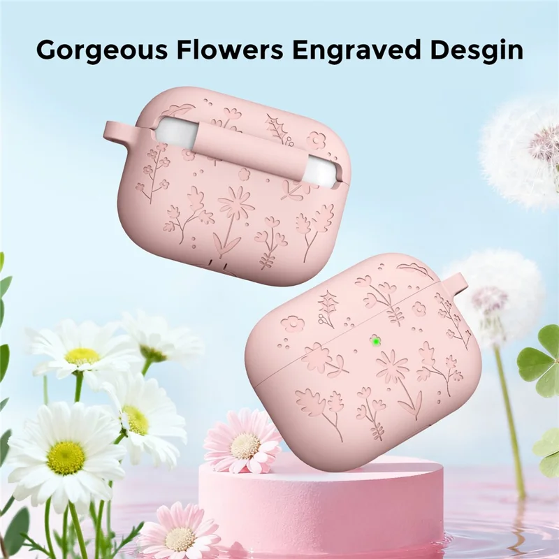 AHASTYLE WG186 For AirPods Pro 3 Embossed Floral Pattern Silicone Case Protective Cover with Hook - Pink