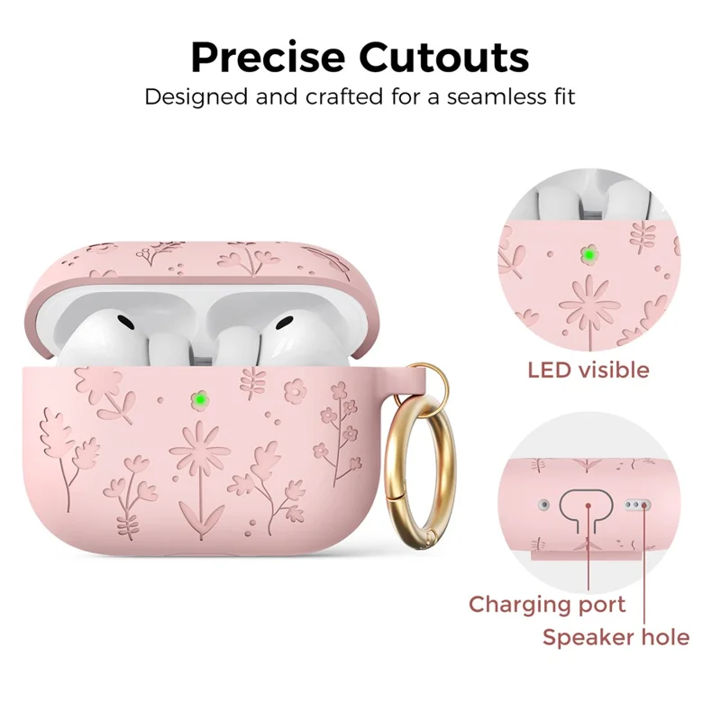 AHASTYLE WG186 For AirPods Pro 3 Embossed Floral Pattern Silicone Case Protective Cover with Hook - Pink
