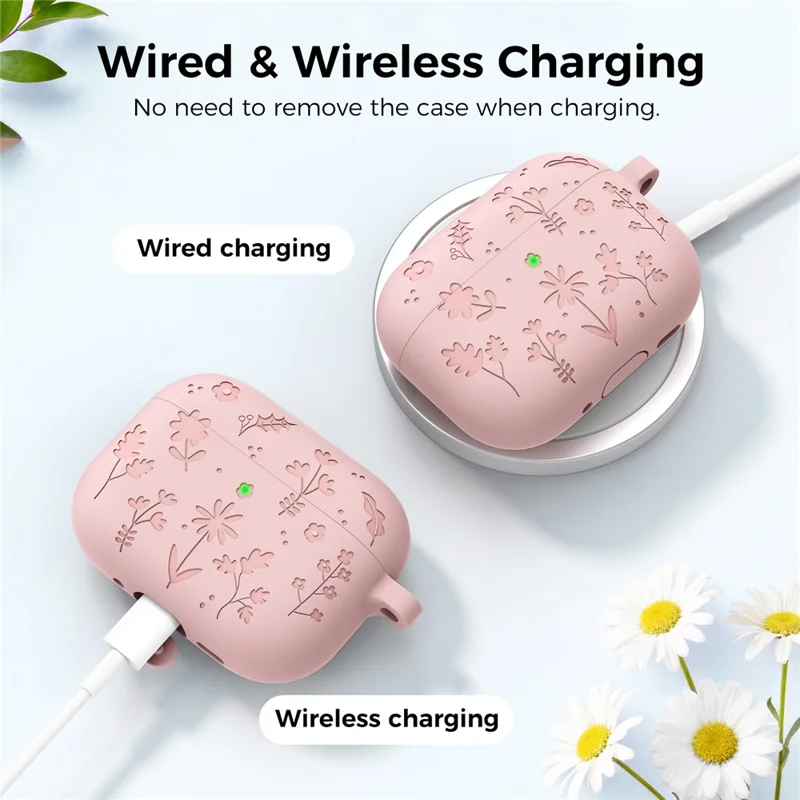 AHASTYLE WG186 For AirPods Pro 3 Embossed Floral Pattern Silicone Case Protective Cover with Hook - Pink