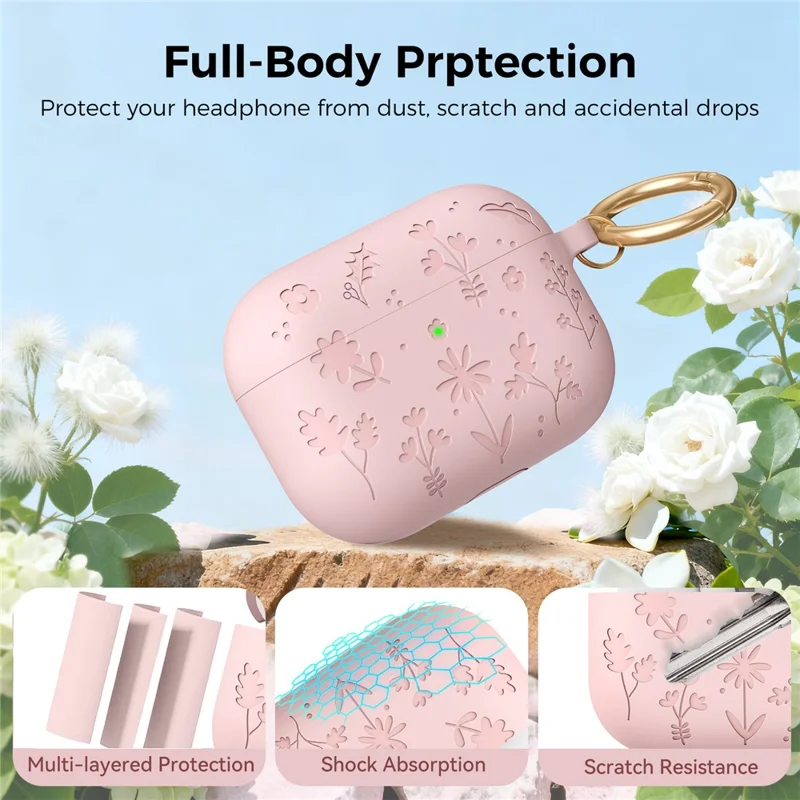 AHASTYLE WG186 For AirPods Pro 3 Embossed Floral Pattern Silicone Case Protective Cover with Hook - Pink