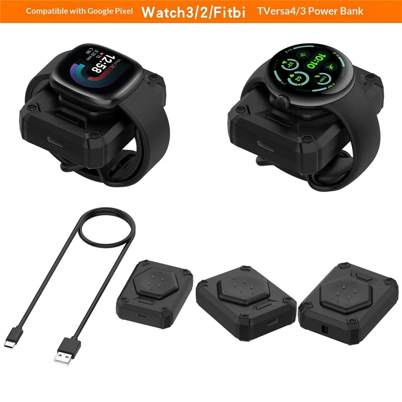 Uhren-Ladestation für Google Pixel Watch 3 45mm 41mm / Watch 2 / Fitbit Versa 4 / 3 Magnetisches Powerbank – Schwarz