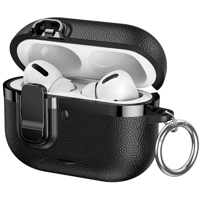 غطاء لـ AirPods Pro قابل للطي مع حامل وملمس قشرة تفاحية مطلية كهربائياً وغطاء من مادة TPU وPC مع مفتاح / مشبك معدني - أسود