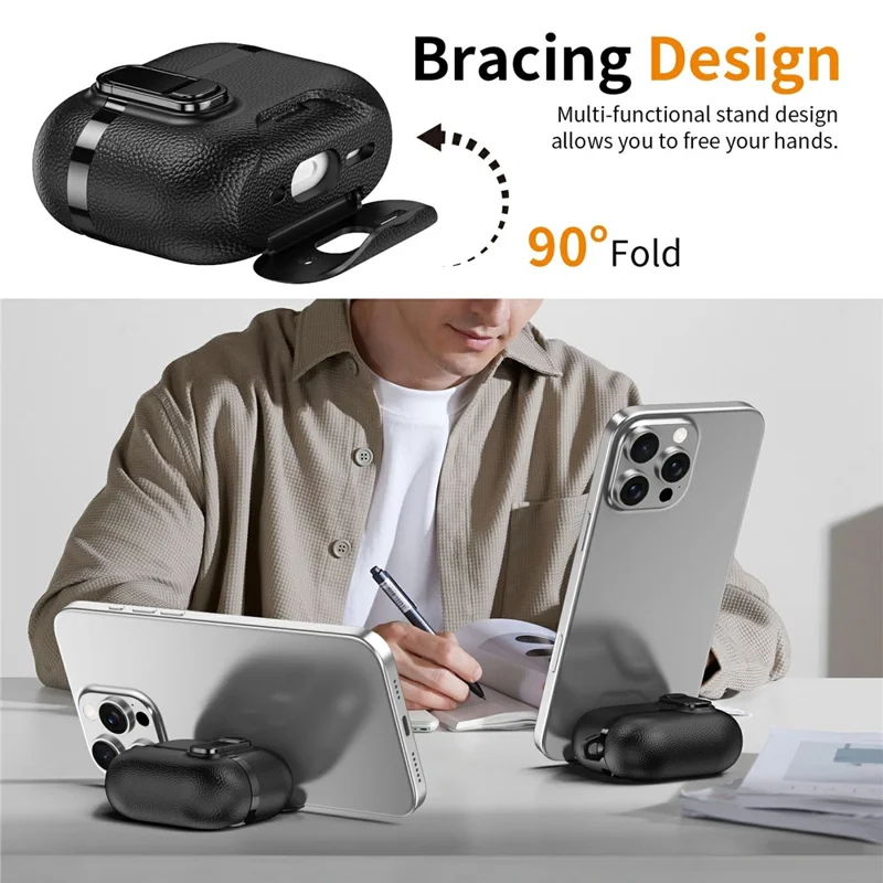 غطاء لـ AirPods Pro قابل للطي مع حامل وملمس قشرة تفاحية مطلية كهربائياً وغطاء من مادة TPU وPC مع مفتاح / مشبك معدني - أسود