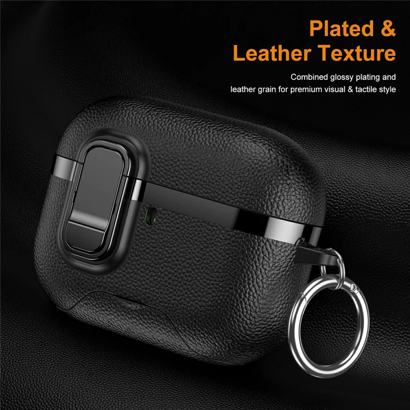 غطاء لـ AirPods Pro قابل للطي مع حامل وملمس قشرة تفاحية مطلية كهربائياً وغطاء من مادة TPU وPC مع مفتاح / مشبك معدني - أسود