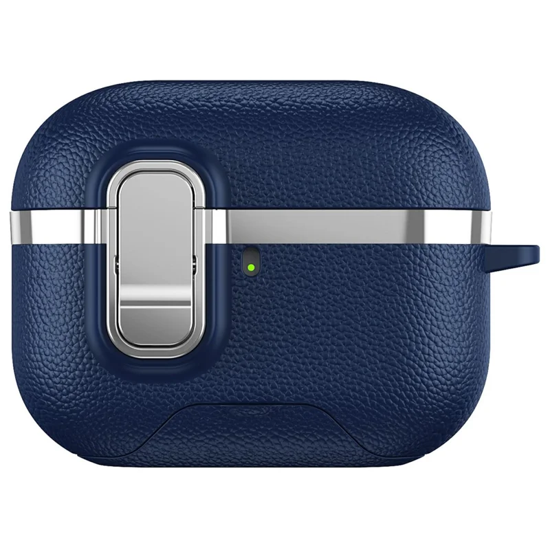 For AirPods Pro Case Foldable Stand Electroplated Litchi Texture TPU PC Earbuds Cover with Switch  /  Carabiner - Blue