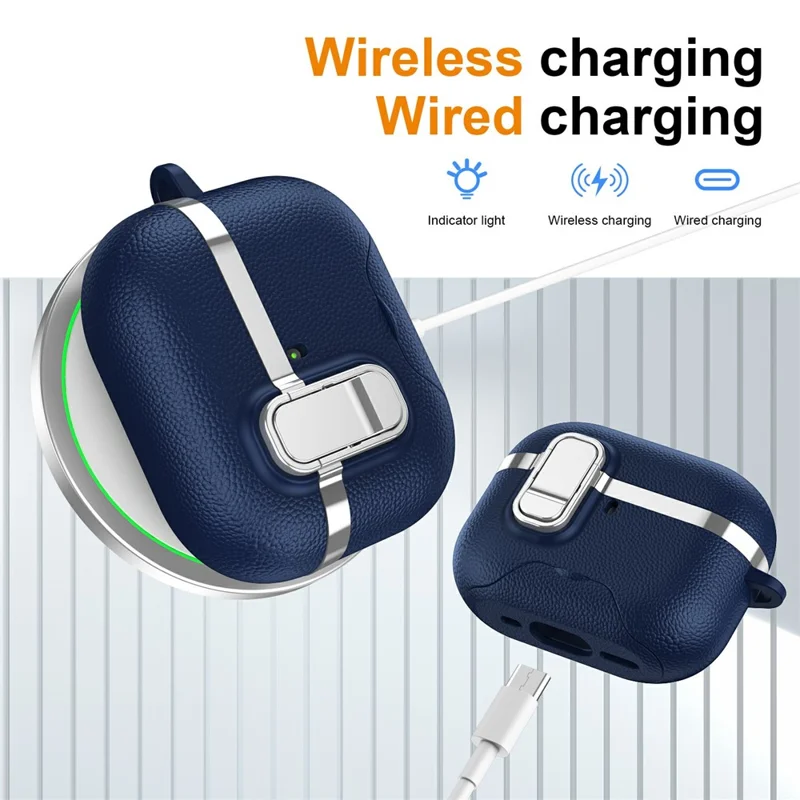 For AirPods Pro Case Foldable Stand Electroplated Litchi Texture TPU PC Earbuds Cover with Switch  /  Carabiner - Blue