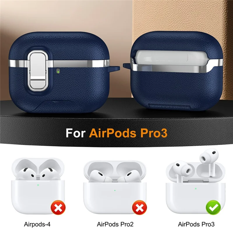 For AirPods Pro Case Foldable Stand Electroplated Litchi Texture TPU PC Earbuds Cover with Switch  /  Carabiner - Blue