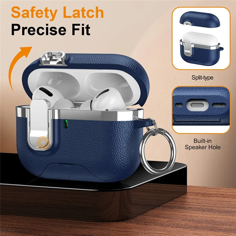 For AirPods Pro Case Foldable Stand Electroplated Litchi Texture TPU PC Earbuds Cover with Switch  /  Carabiner - Blue