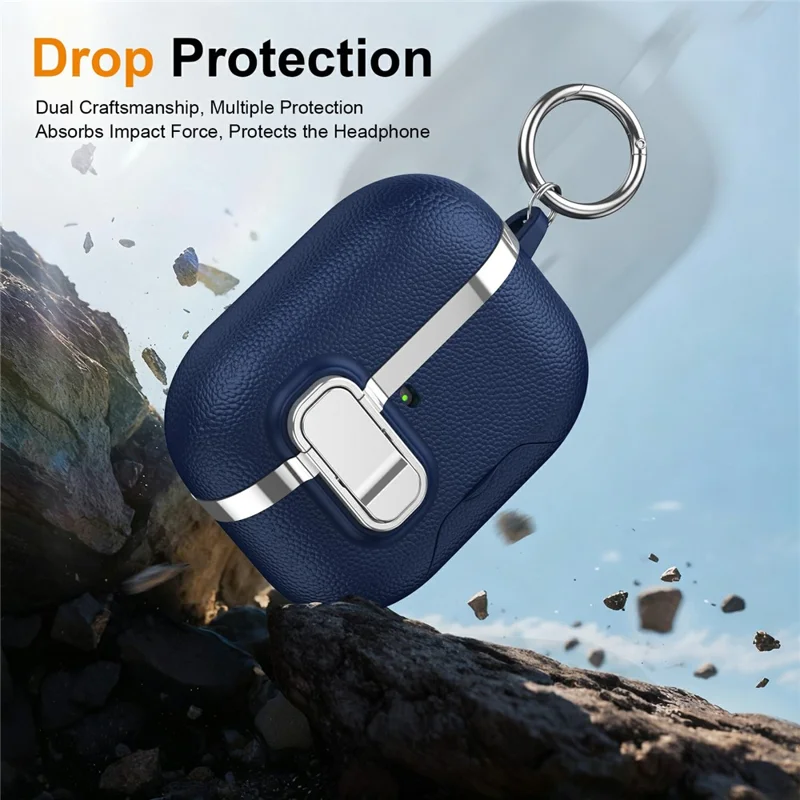 For AirPods Pro Case Foldable Stand Electroplated Litchi Texture TPU PC Earbuds Cover with Switch  /  Carabiner - Blue