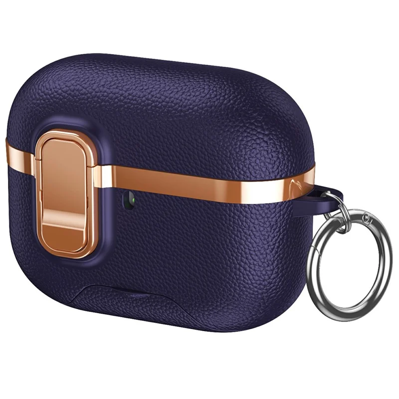 For AirPods Pro Case Foldable Stand Electroplated Litchi Texture TPU PC Earbuds Cover with Switch  /  Carabiner - Purple