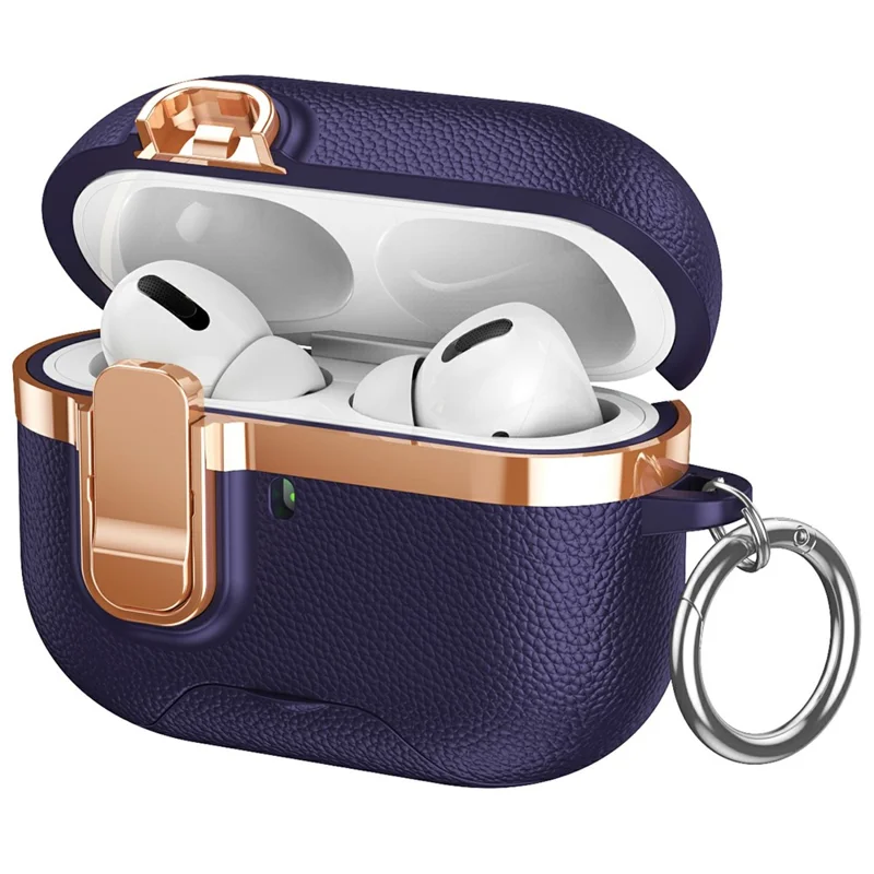 For AirPods Pro Case Foldable Stand Electroplated Litchi Texture TPU PC Earbuds Cover with Switch  /  Carabiner - Purple