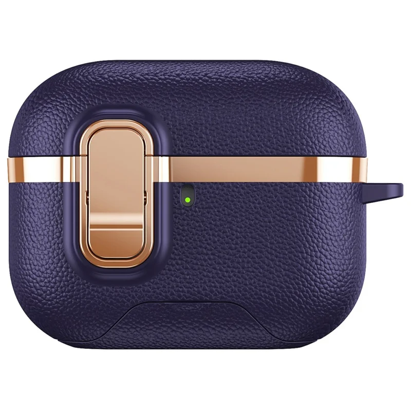 For AirPods Pro Case Foldable Stand Electroplated Litchi Texture TPU PC Earbuds Cover with Switch  /  Carabiner - Purple