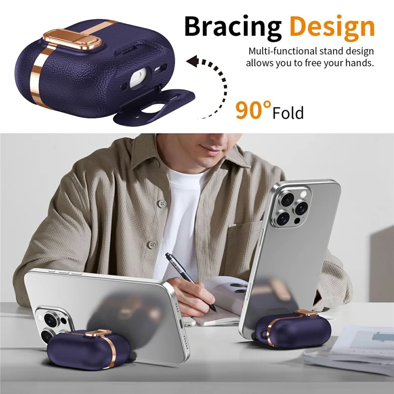 For AirPods Pro Case Foldable Stand Electroplated Litchi Texture TPU PC Earbuds Cover with Switch  /  Carabiner - Purple