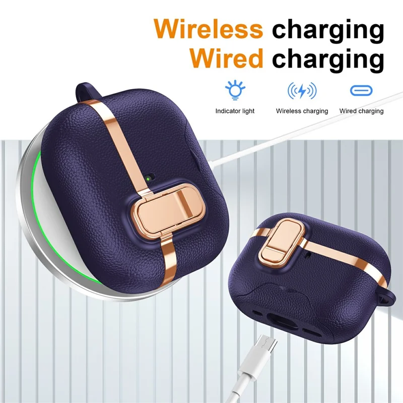 For AirPods Pro Case Foldable Stand Electroplated Litchi Texture TPU PC Earbuds Cover with Switch  /  Carabiner - Purple
