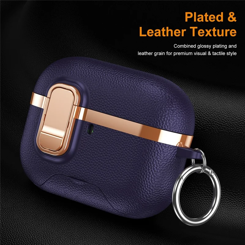 For AirPods Pro Case Foldable Stand Electroplated Litchi Texture TPU PC Earbuds Cover with Switch  /  Carabiner - Purple