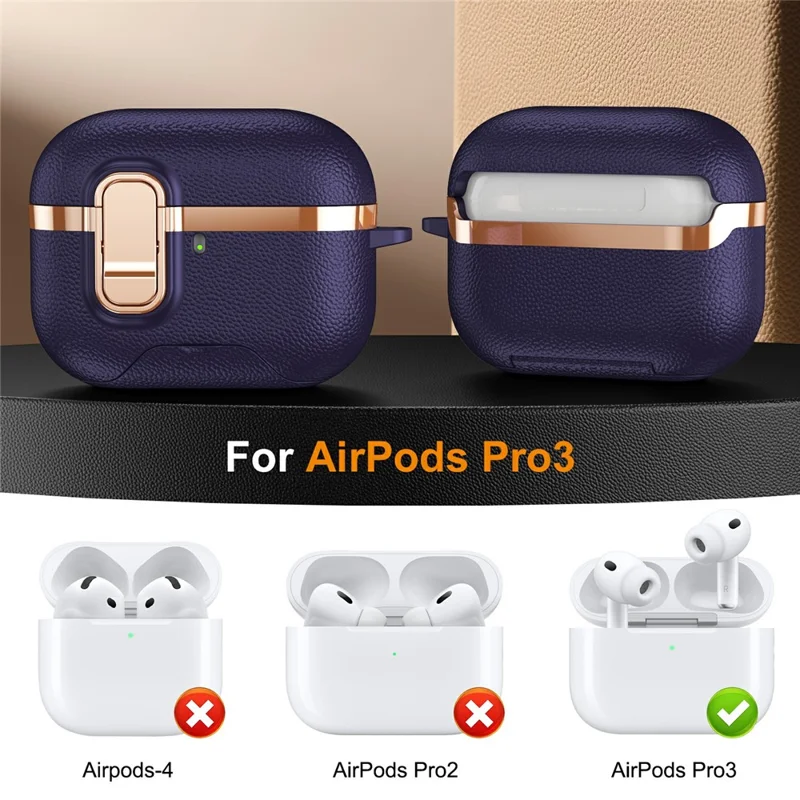 For AirPods Pro Case Foldable Stand Electroplated Litchi Texture TPU PC Earbuds Cover with Switch  /  Carabiner - Purple