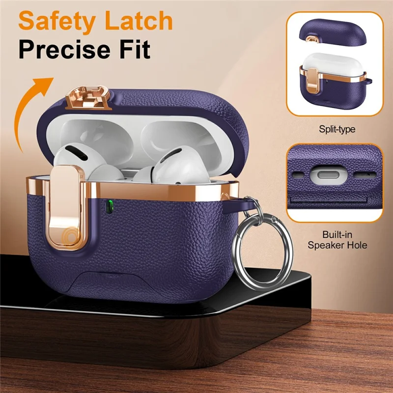 For AirPods Pro Case Foldable Stand Electroplated Litchi Texture TPU PC Earbuds Cover with Switch  /  Carabiner - Purple