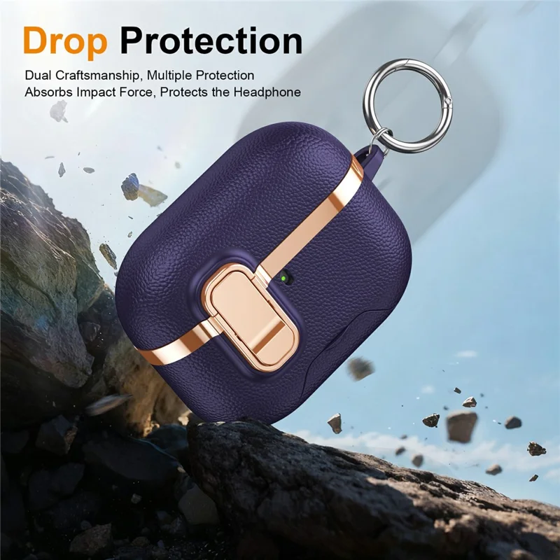 For AirPods Pro Case Foldable Stand Electroplated Litchi Texture TPU PC Earbuds Cover with Switch  /  Carabiner - Purple