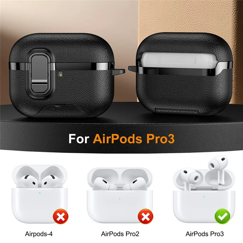 Obudowa do AirPods Pro 2, składana obudowa ze stojakiem, powleczona skóra lichi, pokryta tworzywem TPU i PC, z zatrzaskiem / karabińczyk - Czarny