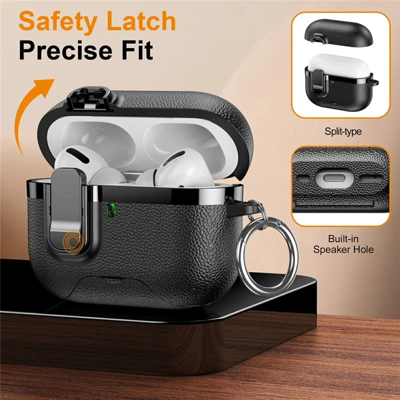 Obudowa do AirPods Pro 2, składana obudowa ze stojakiem, powleczona skóra lichi, pokryta tworzywem TPU i PC, z zatrzaskiem / karabińczyk - Czarny