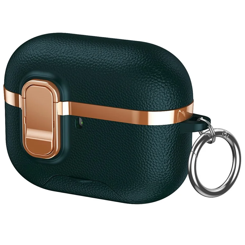 For AirPods Pro 2 Case Foldable Stand Electroplated Litchi Texture TPU PC Earbuds Cover with Switch  /  Carabiner - Dark Green