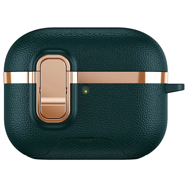 For AirPods Pro 2 Case Foldable Stand Electroplated Litchi Texture TPU PC Earbuds Cover with Switch  /  Carabiner - Dark Green