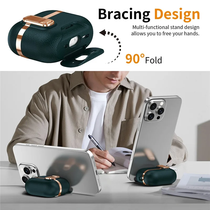 For AirPods Pro 2 Case Foldable Stand Electroplated Litchi Texture TPU PC Earbuds Cover with Switch  /  Carabiner - Dark Green