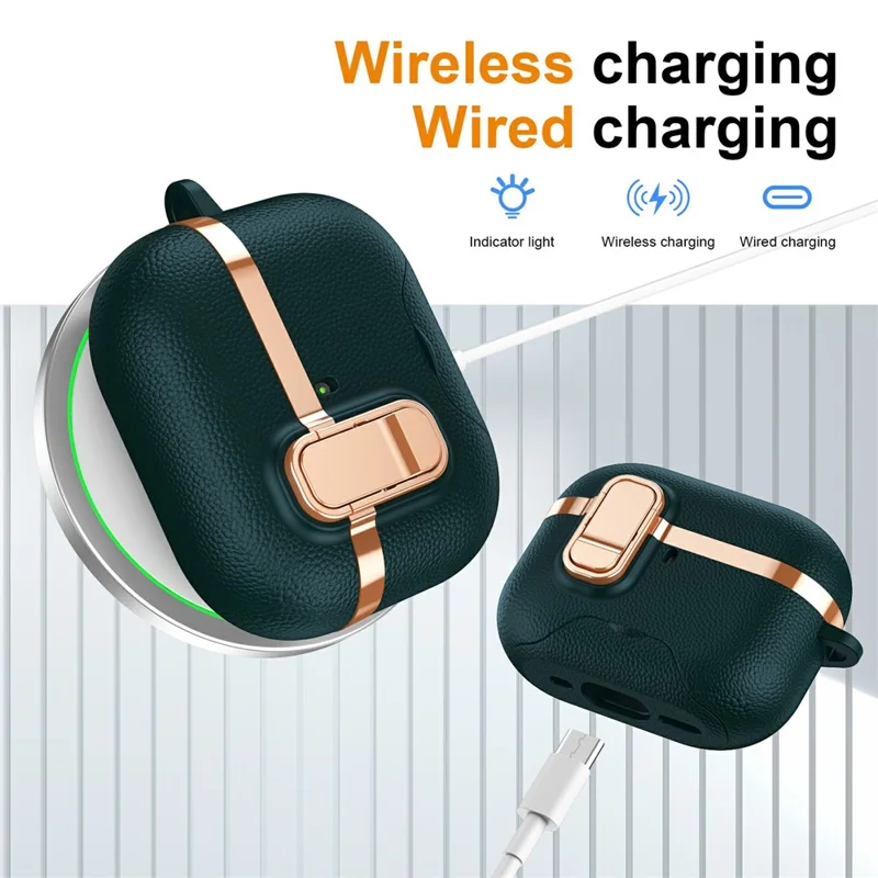 For AirPods Pro 2 Case Foldable Stand Electroplated Litchi Texture TPU PC Earbuds Cover with Switch  /  Carabiner - Dark Green