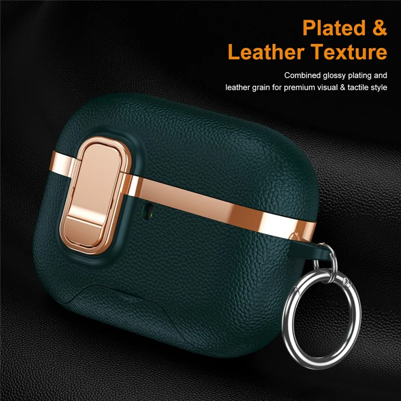 For AirPods Pro 2 Case Foldable Stand Electroplated Litchi Texture TPU PC Earbuds Cover with Switch  /  Carabiner - Dark Green