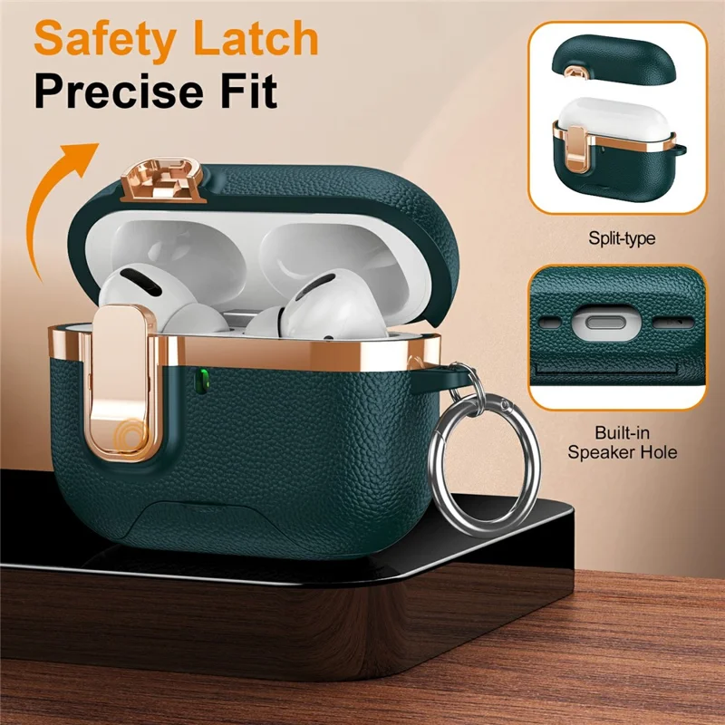 For AirPods Pro 2 Case Foldable Stand Electroplated Litchi Texture TPU PC Earbuds Cover with Switch  /  Carabiner - Dark Green