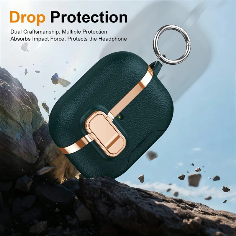 For AirPods Pro 2 Case Foldable Stand Electroplated Litchi Texture TPU PC Earbuds Cover with Switch  /  Carabiner - Dark Green