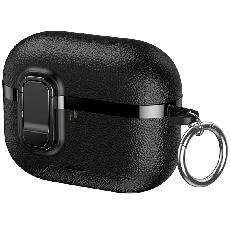 For AirPods Pro 3 Case Foldable Stand Electroplated Litchi Texture TPU PC Earbuds Cover with Switch  /  Carabiner - Black