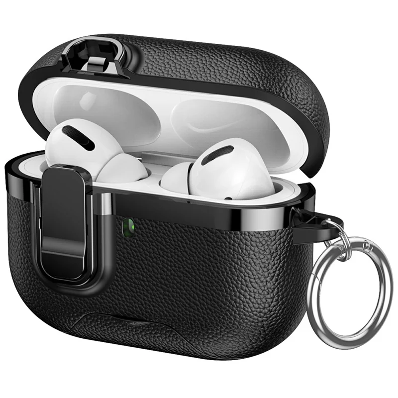 For AirPods Pro 3 Case Foldable Stand Electroplated Litchi Texture TPU PC Earbuds Cover with Switch  /  Carabiner - Black