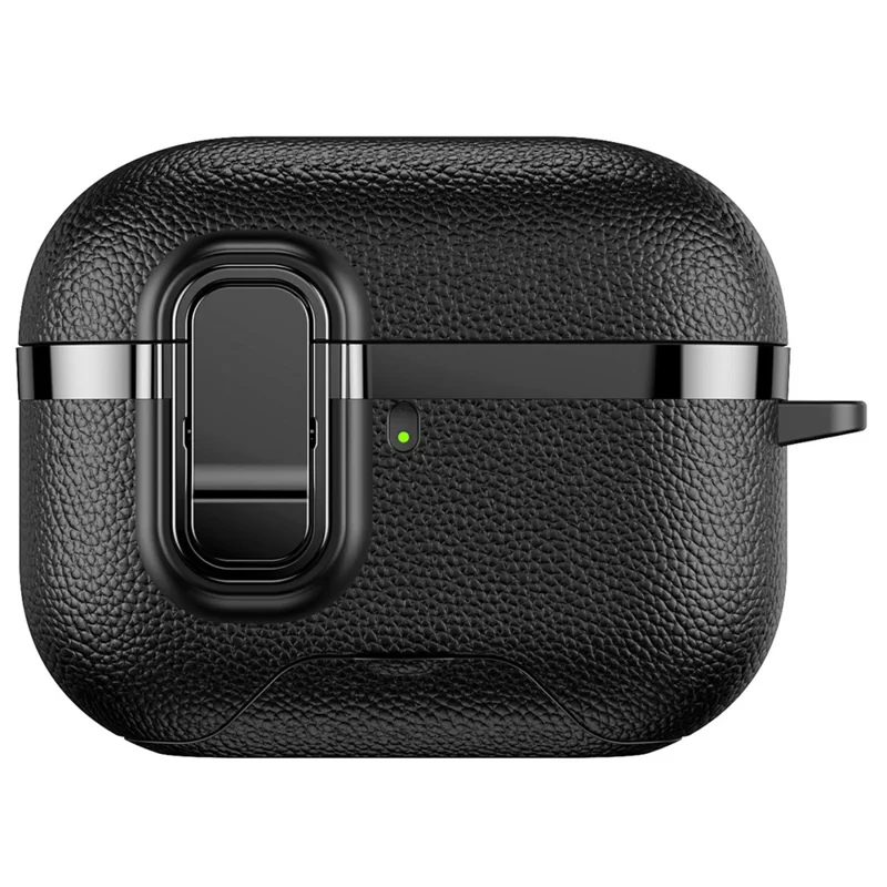 For AirPods Pro 3 Case Foldable Stand Electroplated Litchi Texture TPU PC Earbuds Cover with Switch  /  Carabiner - Black
