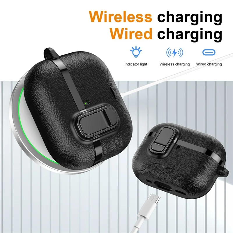 For AirPods Pro 3 Case Foldable Stand Electroplated Litchi Texture TPU PC Earbuds Cover with Switch  /  Carabiner - Black