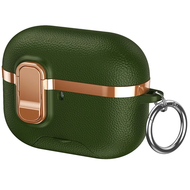 For AirPods Pro 3 Case Foldable Stand Electroplated Litchi Texture TPU PC Earbuds Cover with Switch  /  Carabiner - Green