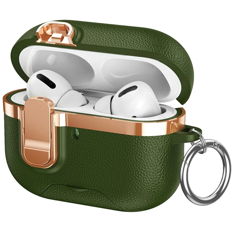 For AirPods Pro 3 Case Foldable Stand Electroplated Litchi Texture TPU PC Earbuds Cover with Switch  /  Carabiner - Green