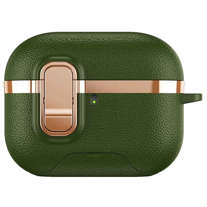For AirPods Pro 3 Case Foldable Stand Electroplated Litchi Texture TPU PC Earbuds Cover with Switch  /  Carabiner - Green