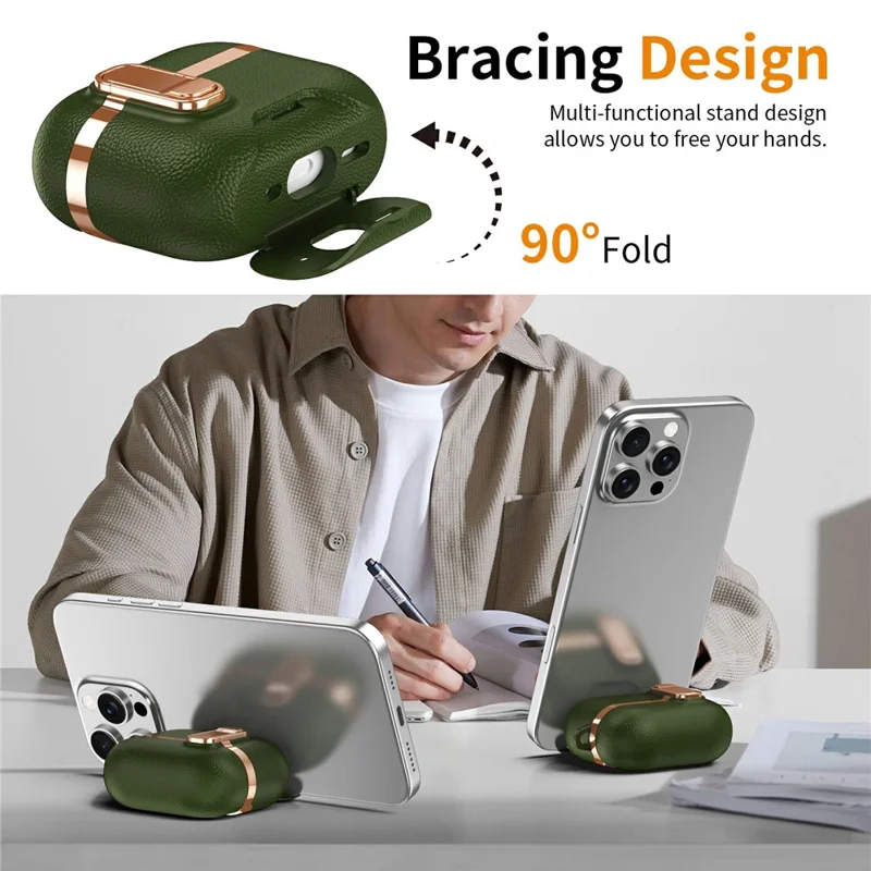 For AirPods Pro 3 Case Foldable Stand Electroplated Litchi Texture TPU PC Earbuds Cover with Switch  /  Carabiner - Green